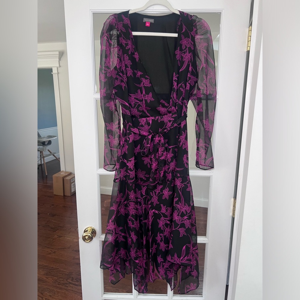 Sheer sleeve Black and Purple Floral wrap Dress